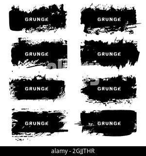 Set of black grungy rectangles post stamps. Vector distress textures. Blank dusty shapes for banners, logo, insignias, icons, badges, emblems Stock Vector