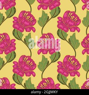 Vector seamless pattern with beautiful decorative flowers. Sophisticated design with stylized peonies. Stock Vector