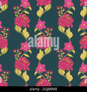 Vector seamless pattern with bright flowers on dark background. Fancy design with beautiful flowers. Stock Vector