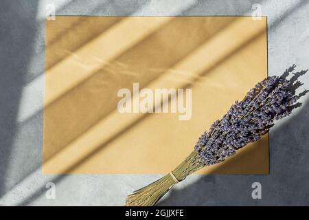 Dry lavender bouquet on a gray background close - up view from above. Collecting beautiful summer flowers. The concept of aromatherapy, cosmetology, a Stock Photo