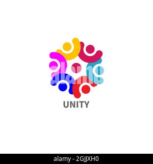Unity abstract logo in shape of circle. Group of people concept. Community icon. Teamwork symbol. Network vector illustration Stock Vector