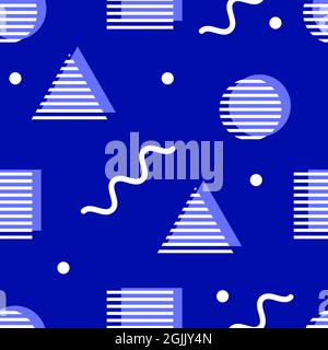 Seamless pattern in Memphis style. Fashion geometric background with triangles, circles and squares. Color summer banner. Vector illustration Stock Vector