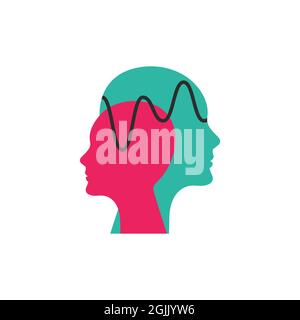 Two male abstract profiles. Coaching modern logo. Human heads and wave. Life coach concept. Therapy symbol. Creative vector illustration Stock Vector