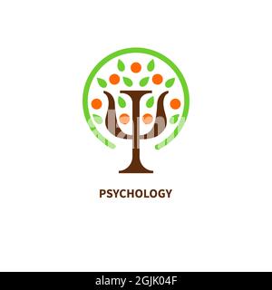 Letter psi in shape of apple tree with leaves and fruits. Psychology symbol. Psychologist logo. Therapy icon. Psychotherapy concept. Vector illustrati Stock Vector
