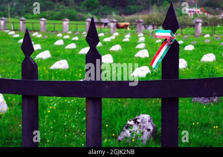 Slovenis, Most na Soci, WWI Austro-Hungarian war cemetery of Modrejce. It is placed on the banks of the river Soca. 1600 soldiers were buried there. The picture showsa ribbon with the colours of the Hungarian flag, tied up on the cemetery gate. Stock Photo