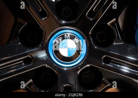 Munich, Germany. 10th Sep, 2021. The BMW logo can be seen on a rim during the International Motor Show (IAA Mobility). The IAA MOBILITY 2021 will take place from 07.-12.09.2021 in Munich. Credit: Sven Hoppe/dpa/Alamy Live News Stock Photo