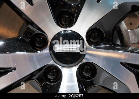 Munich, Germany. 10th Sep, 2021. Wey's logo can be seen on a rim during the International Motor Show (IAA Mobility). The IAA MOBILITY 2021 will take place from 07.-12.09.2021 in Munich. Credit: Sven Hoppe/dpa/Alamy Live News Stock Photo