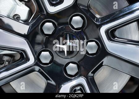 Munich, Germany. 10th Sep, 2021. The Polestar logo can be seen on a rim during the International Motor Show (IAA Mobility). The IAA MOBILITY 2021 will take place from 07.-12.09.2021 in Munich. Credit: Sven Hoppe/dpa/Alamy Live News Stock Photo