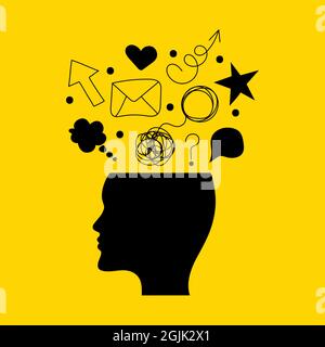 Networking hand drawn icon with head of man and symbols of social networks. Human profile and information. Vector illustration Stock Vector