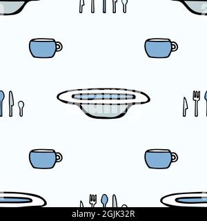Pattern with kitchen utensils on a white background and lettering Kitchen. Plates, forks, knives, spoons, mugs.  Stock Vector