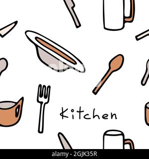 Pattern with kitchen utensils on a white background and lettering Kitchen. Plates, forks, knives, spoons, mugs.  Stock Vector