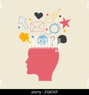 Networking hand drawn icon with head of man and symbols of social networks. Human profile and information. Vector illustration Stock Vector