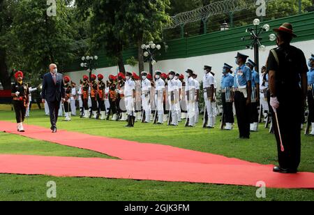 New Delhi, India. 10th Sep, 2021. Australia's Defense Minister Peter Dutton, (Centre) wearing a face mask inspects the guard of honor during a ceremonial reception prior to a meeting with Indian Defense Minister Rajnath Singh.Australian Defense Minister Peter Dutton, who came in India for two day official tour to take part in the inaugural two-plus-two ministerial dialogue between the two countries during the Covid-19 time. (Photo by Naveen Sharma/SOPA Images/Sipa USA) Credit: Sipa USA/Alamy Live News Stock Photo