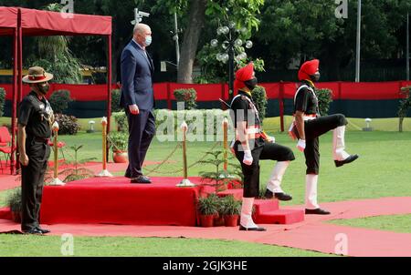New Delhi, India. 10th Sep, 2021. Australia's Defense Minister Peter Dutton (Centre) wearing a face mask inspects the guard of honor during a ceremonial reception prior to a meeting with Indian Defense Minister Rajnath Singh.Australian Defense Minister Peter Dutton, who came in India for two day official tour to take part in the inaugural two-plus-two ministerial dialogue between the two countries during the Covid-19 time. (Photo by Naveen Sharma/SOPA Images/Sipa USA) Credit: Sipa USA/Alamy Live News Stock Photo