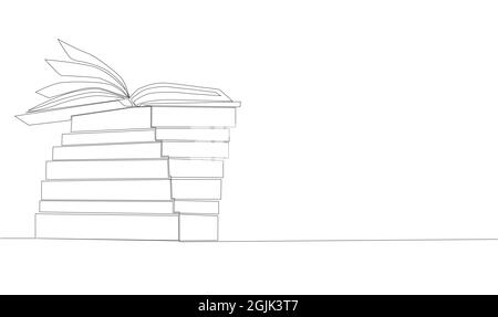 Stack of opened books in style of one line. Black contour. Stock Vector