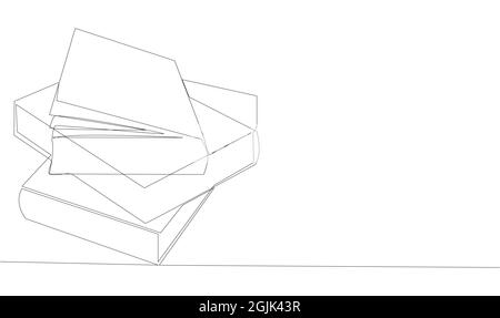 Stack of opened books in style of one line. Black contour. Stock Vector