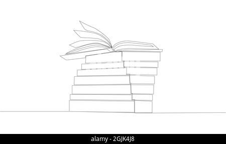 Stack of opened books in style of one line. Black contour. Stock Vector