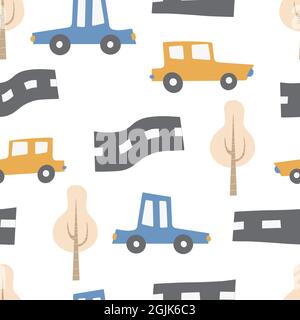 Children's pattern with cars. Cars. Transport. Road. Vector hand-drawn color seamless repeating children simple pattern with cars, in Scandinavian sty Stock Vector
