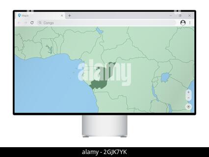 Computer monitor with map of Congo in browser, search for the country of Congo on the web mapping program. Vector template. Stock Vector