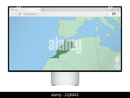 Computer monitor with map of Morocco in browser, search for the country of Morocco on the web mapping program. Vector template. Stock Vector