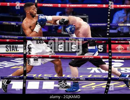 Kaisee Benjamin (left) in action against Jarkko Putkonen during the boxing event at the Coventry Skydome Arena. Picture date: Friday September 10, 2021. Stock Photo