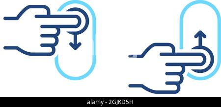 Set of up, down phone swipe gestures. Lock and unlock hand control blue line icons. On, off toggle slider symbols Stock Vector