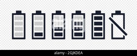 Set of battery black symbol. Charge indicator, power Bank, recharging, full and low battery, accumulator and more. Stock Vector