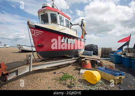 Aldeburgh, Suffolk, England, August 15th 2021, A view of a red fishing boat Stock Photo