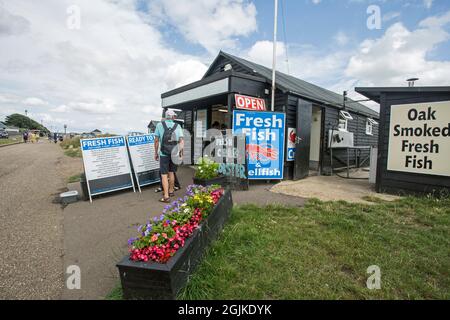 Aldeburgh, Suffolk, England, August 15th 2021, Vendors sell fresh fish from huts along the coast. Stock Photo