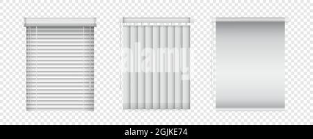 Realistic window blinds set. Horizontal and vertical shutters for plastic windows. Vector closed jalousie mockup for interior decoration design Stock Vector