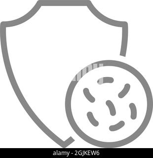 Protective shield and bacteria line icon. Microbes, viruses, disinfection Stock Vector