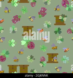 seamless vector pattern with bees, flowers and clover leaves and bee hives Stock Vector