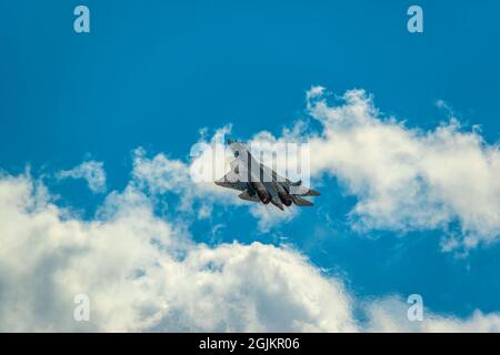 Zhukovsky, Russia - July 25, 2021: Russian five generation's fighter SU 57 shows demonstration flight at Moscow salon MAKS 2021. Stock Photo