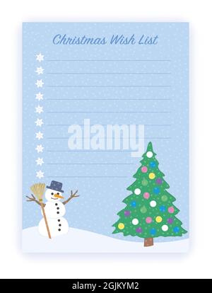 Christmas wish list with ten blank lines to be filled in - snowy winter landscape with happy snowman and decorated Christmas tree. Comic illustration. Stock Photo