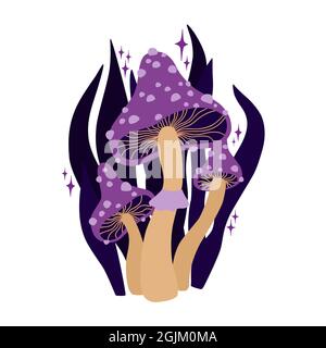 Purple magic mushrooms and dark blue leaves. Witchcraft ans Halloween art. Vector illustration on white background. Stock Vector