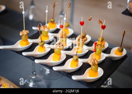 Catering service. Snacks for guests on the table. Stock Photo