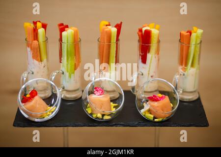 Catering service. Snacks for guests on the table. Stock Photo