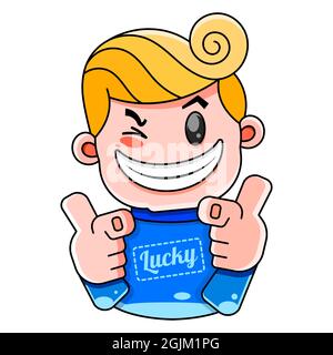 Lucky guy in a blue sweater with the inscription lucky smiles illustration for prints, T-shirts, covers. Stock Vector