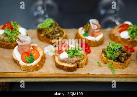 Catering service. Snacks for guests on the table. Stock Photo