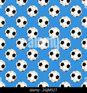 Watercolor illustration of a soccer ball pattern. Sports symbol. Seamless repeating print of the World Cup. Isolated on a blue background. Drawn by ha Stock Photo