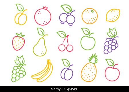 Vector set icons of fruits and berries in flat style. Vector illustration of ruit and berries. Stock Vector