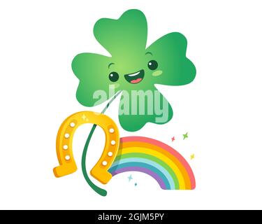 Vector illustration of a four leaf clover, rainbow and horseshoe. Lucky clover, horseshoe and rainbow for Patrick's day. Stock Vector
