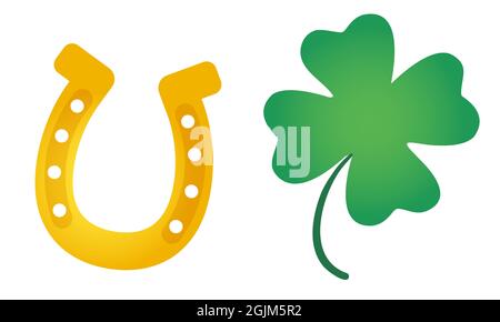 Vector illustration of a four leaf clover and horseshoe. Vector set icons of lucky clover and horseshoe for Patrick's day. Stock Vector