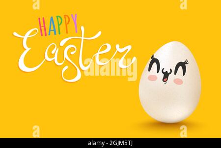 Vector lettering for Easter. Vector banner with lettering Happy Easter and egg with kawaii face. Stock Vector