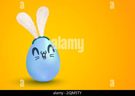 Vector illustration of blue egg with kawaii rabbit face for Easter. Vector cute egg with bunny ears in kawaii style. Stock Vector