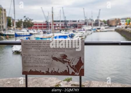 Plaque in Bristol harbour marking the location where the statue of Edward Colston was dumped in the water Stock Photo