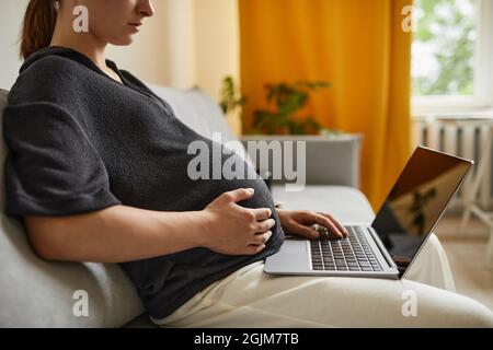 Busy pregnant young woman sitting on sofa in living room and using laptop while working on online project remotely Stock Photo