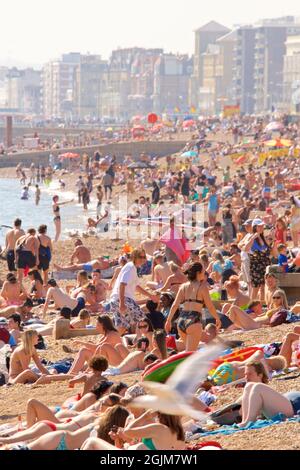 Crowded beaches of central Brighton and Hove. West of Brighton's Palace Pier. Summer holidays. Sussex, England, UK Stock Photo