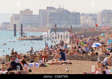 Crowded beaches of central Brighton and Hove. West of Brighton's Palace Pier. Summer holidays. Sussex, England, UK Stock Photo