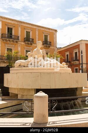 Beautiful Sights of Diana Fountain Square (Piazza Fonte Diana) in Comiso, Province of Ragusa, Italy. Stock Photo